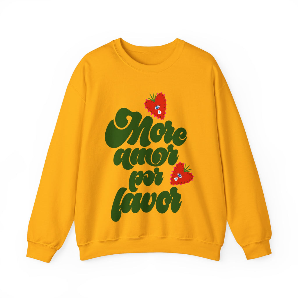 Crewneck Sweatshirt — "More Amor Por Favor" Retro Script with Heart Strawberries
