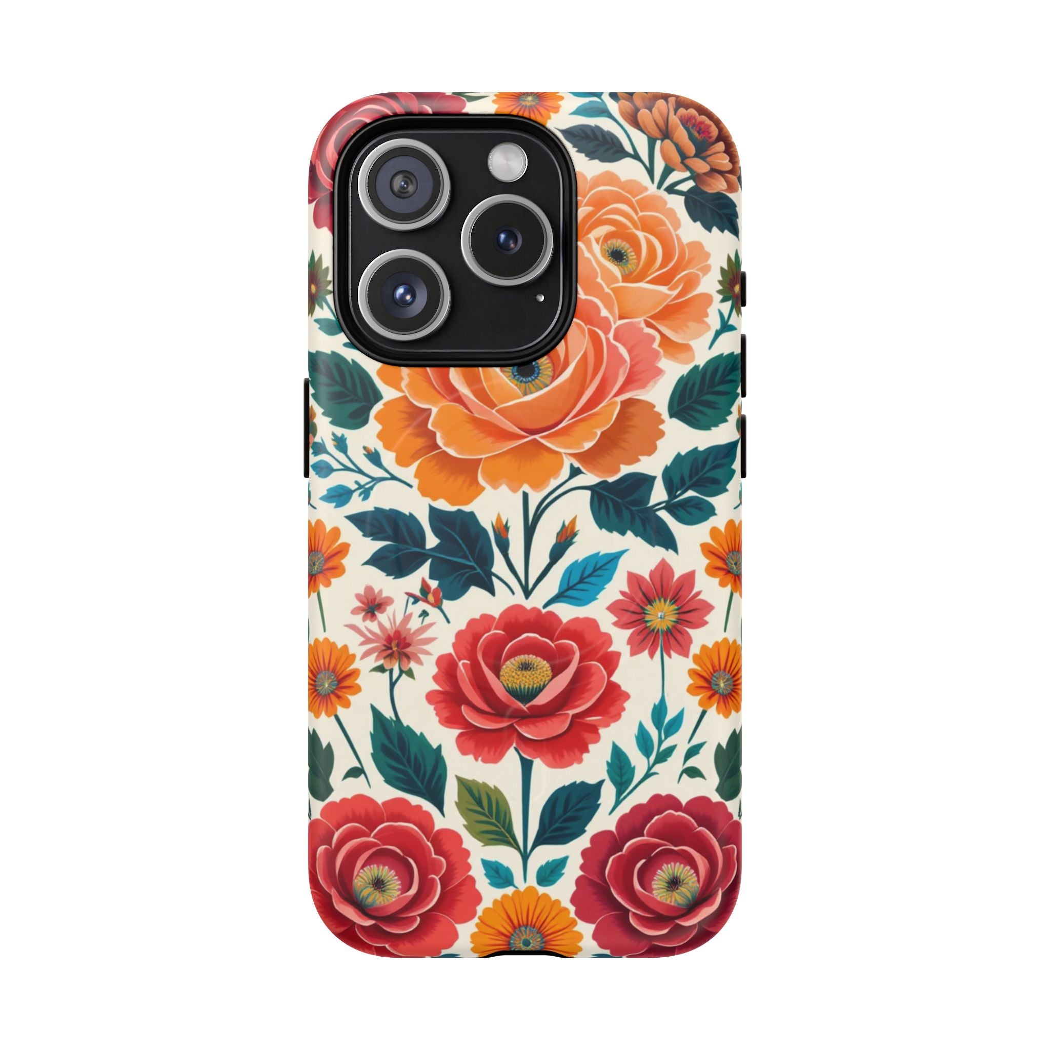 Floral Rose Tough Magnetic Phone Case — Vintage Orange & Red Garden Design