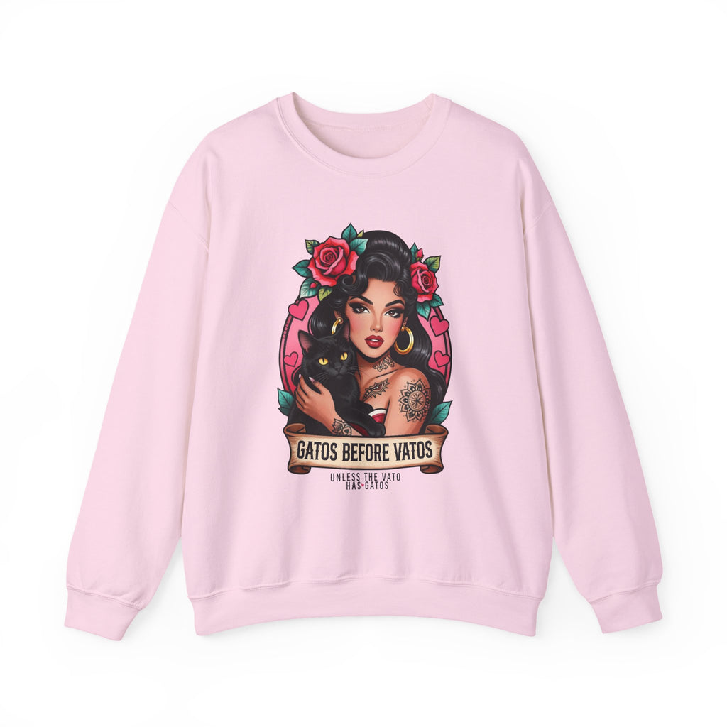 Crewneck Sweatshirt — "Gatos Before Vatos" Chicana Pinup Graphic