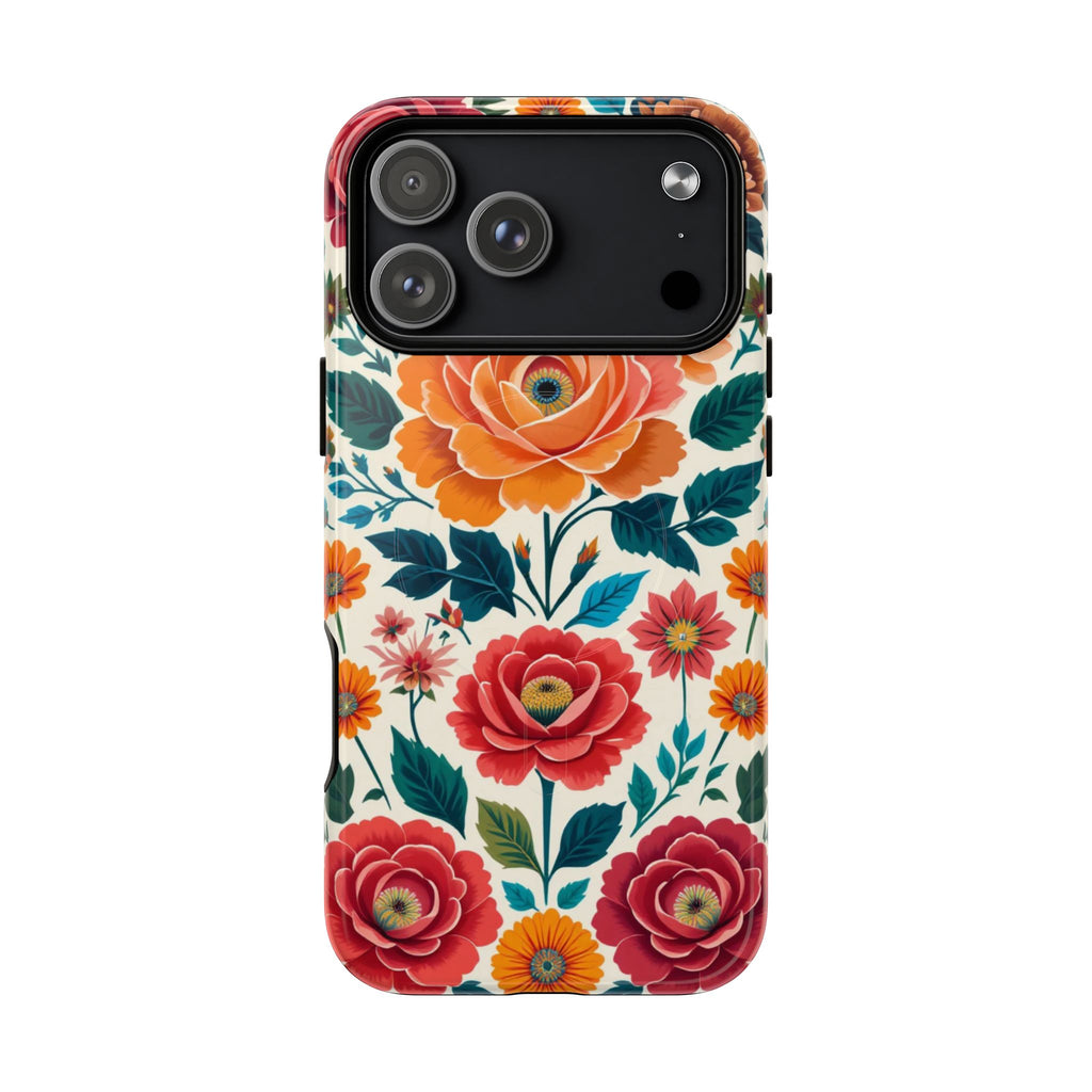 Floral Rose Tough Magnetic Phone Case — Vintage Orange & Red Garden Design