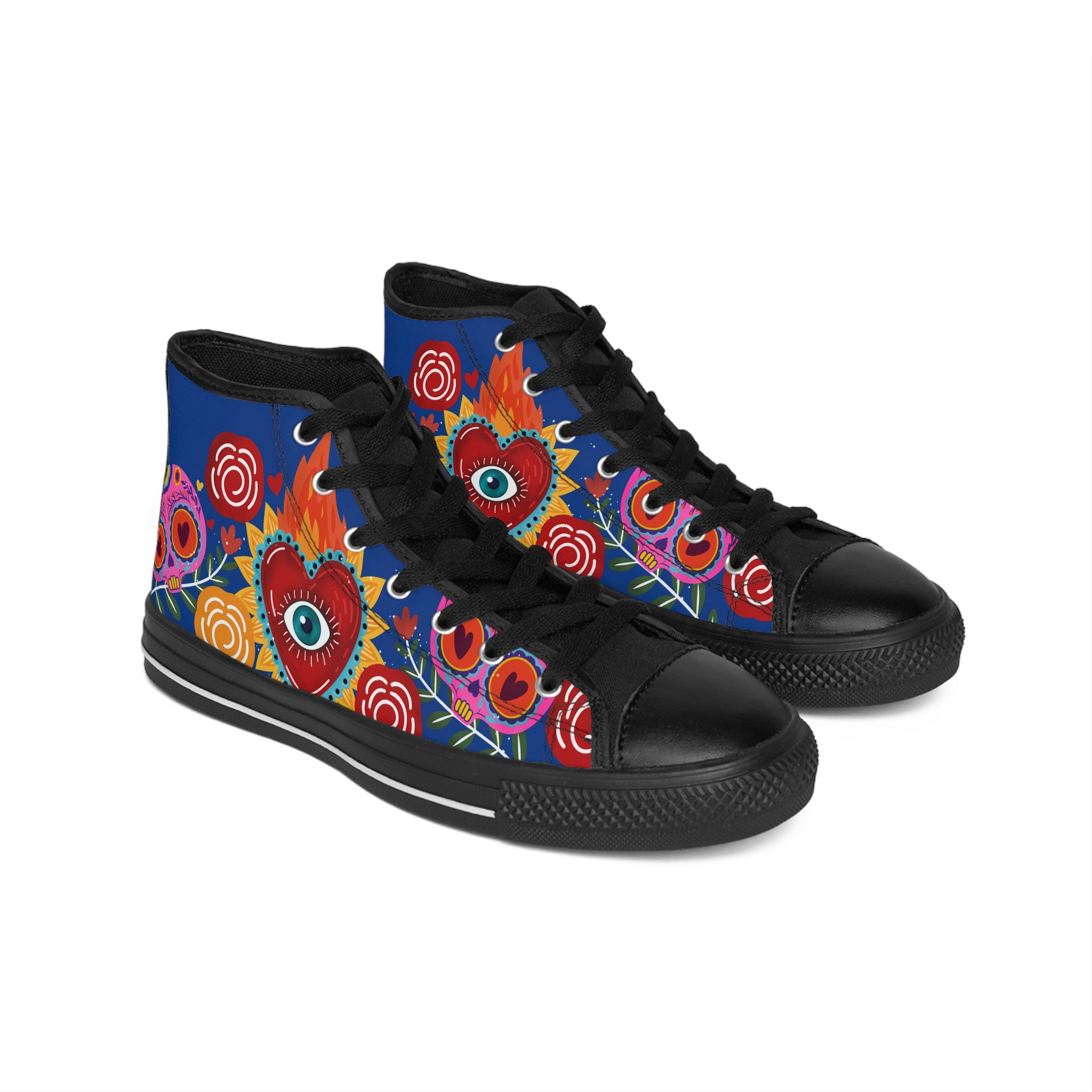 Women's Heart Eye Floral High-Top Sneakers — Colorful Folk Art Canvas Shoes