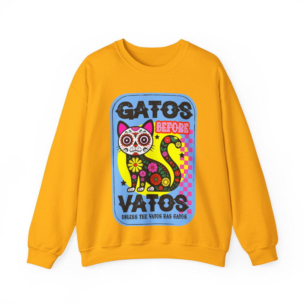 Gato Before Vato Crewneck Sweatshirt — Colorful Day of the Dead Cat Graphic