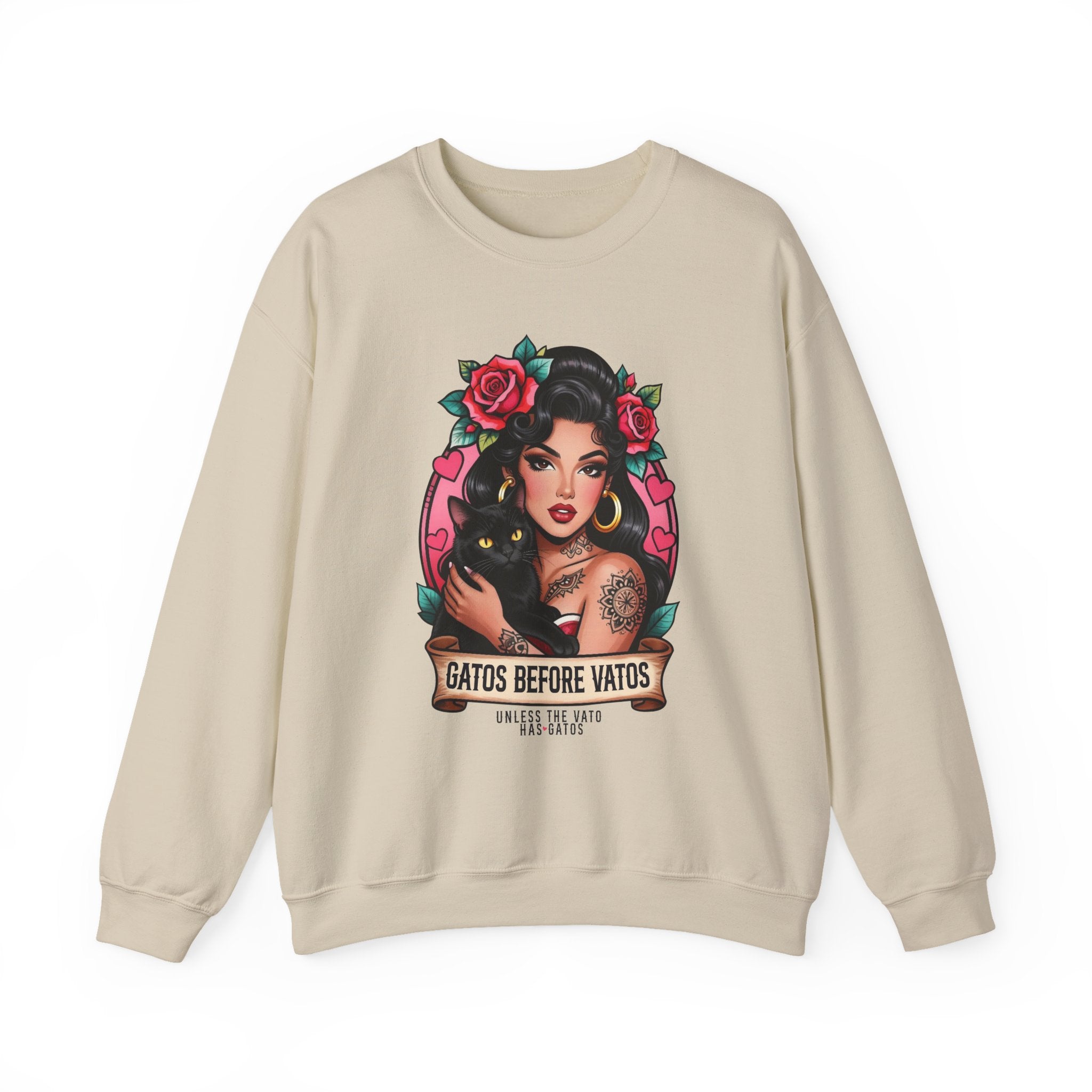Crewneck Sweatshirt — "Gatos Before Vatos" Chicana Pinup Graphic