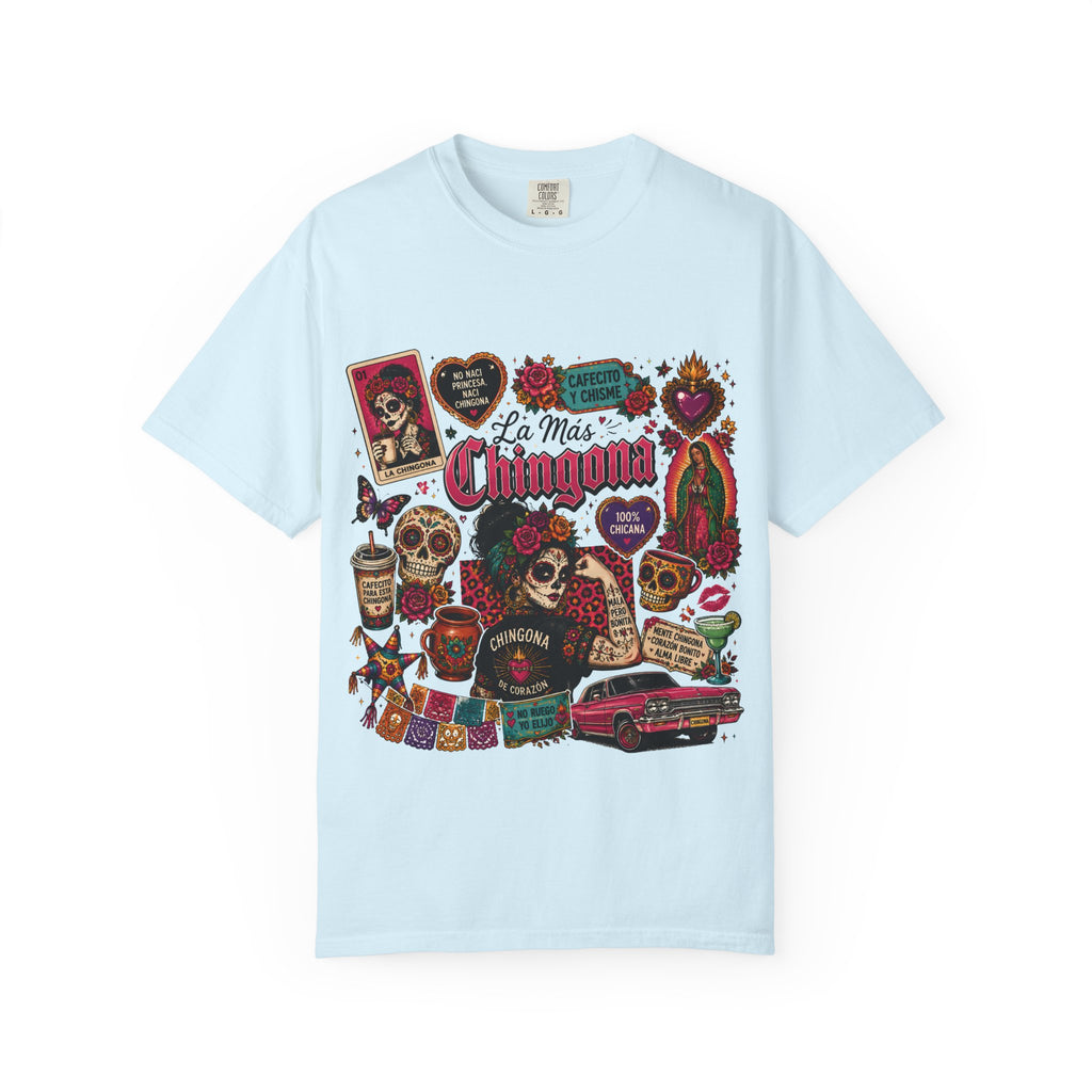 Chingona Day of Dead ivory tee - chicano lowrider roses skull devotional art shirt