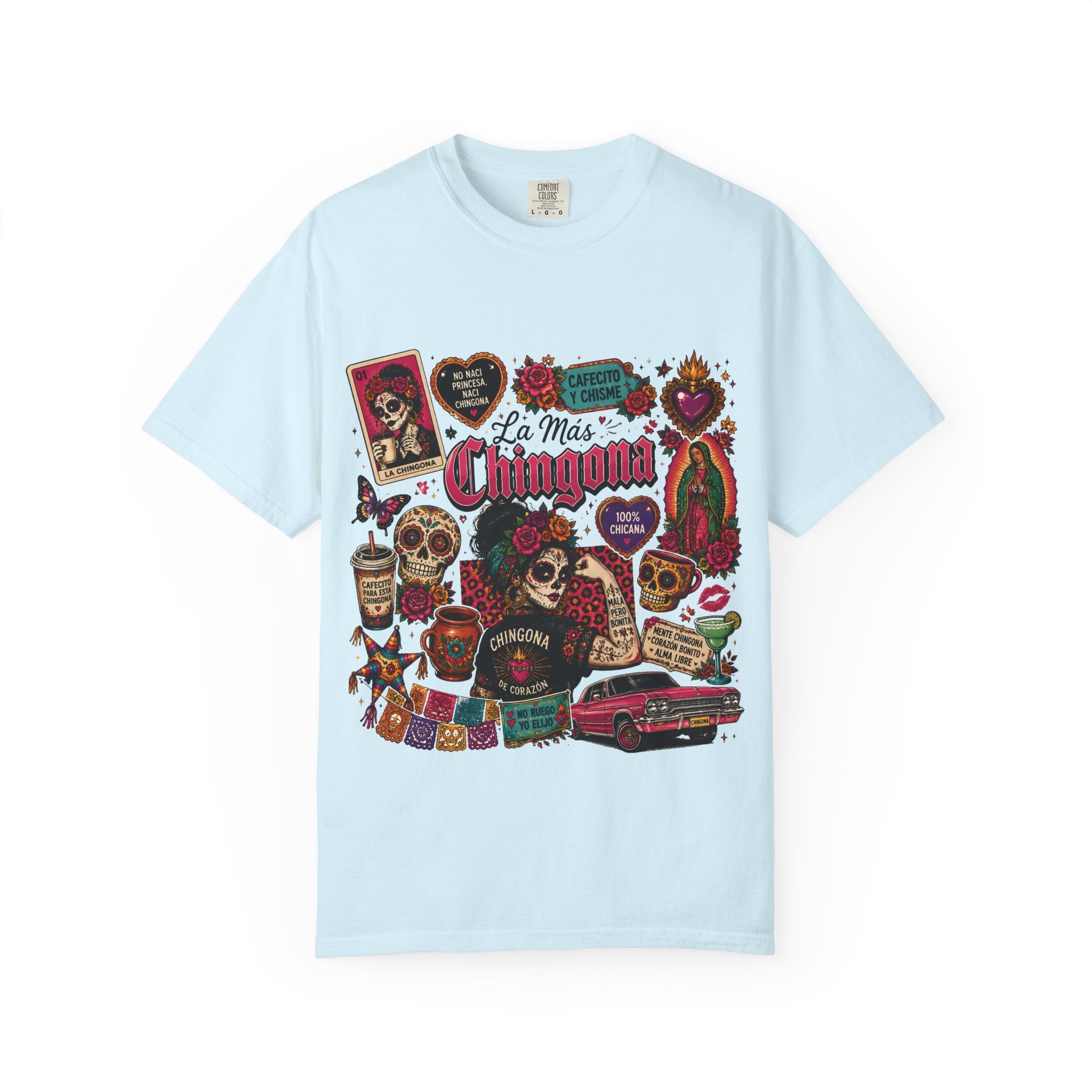 Chingona Day of Dead ivory tee - chicano lowrider roses skull devotional art shirt