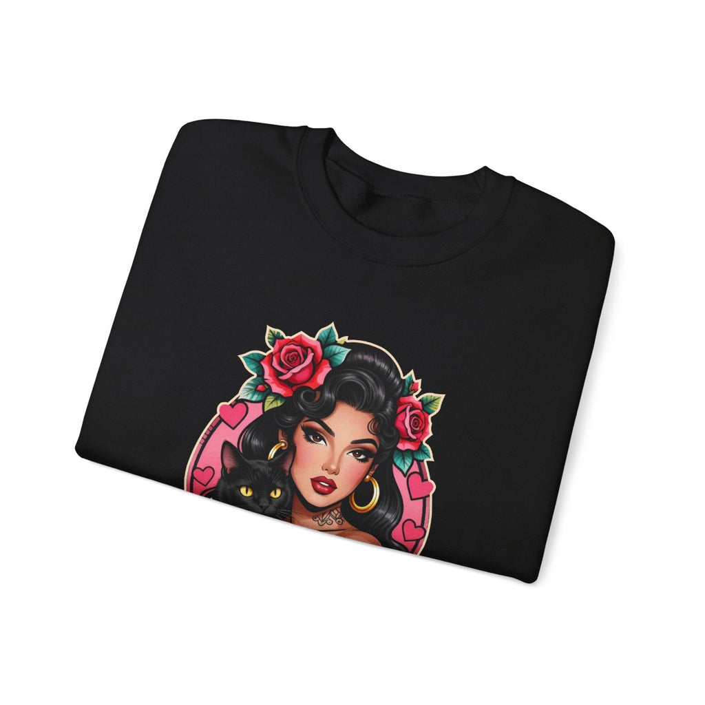 Crewneck Sweatshirt - "Gatos Before Vatos" Chicana Pin-Up Cat Lover Design