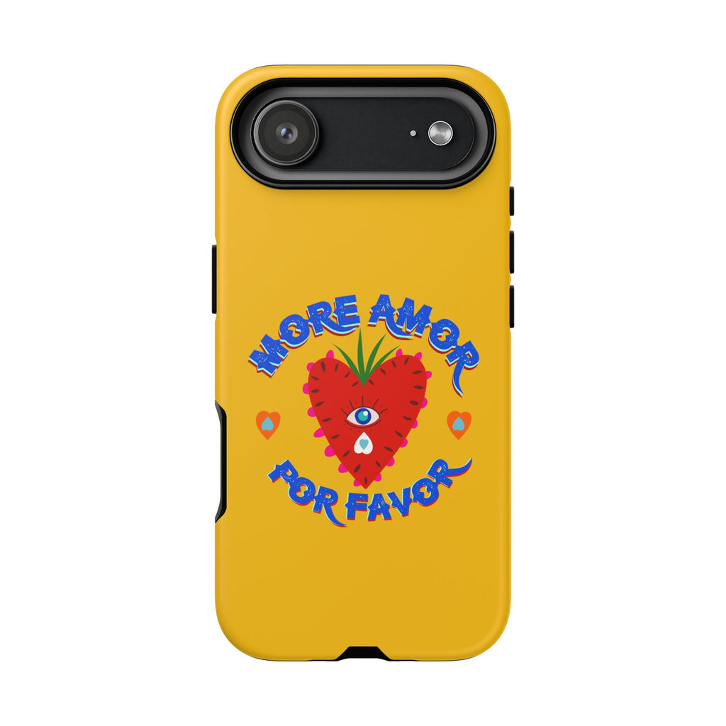 Phone Case — "More Amor Por Favor" Heart Design, Bright Yellow Protective Cover