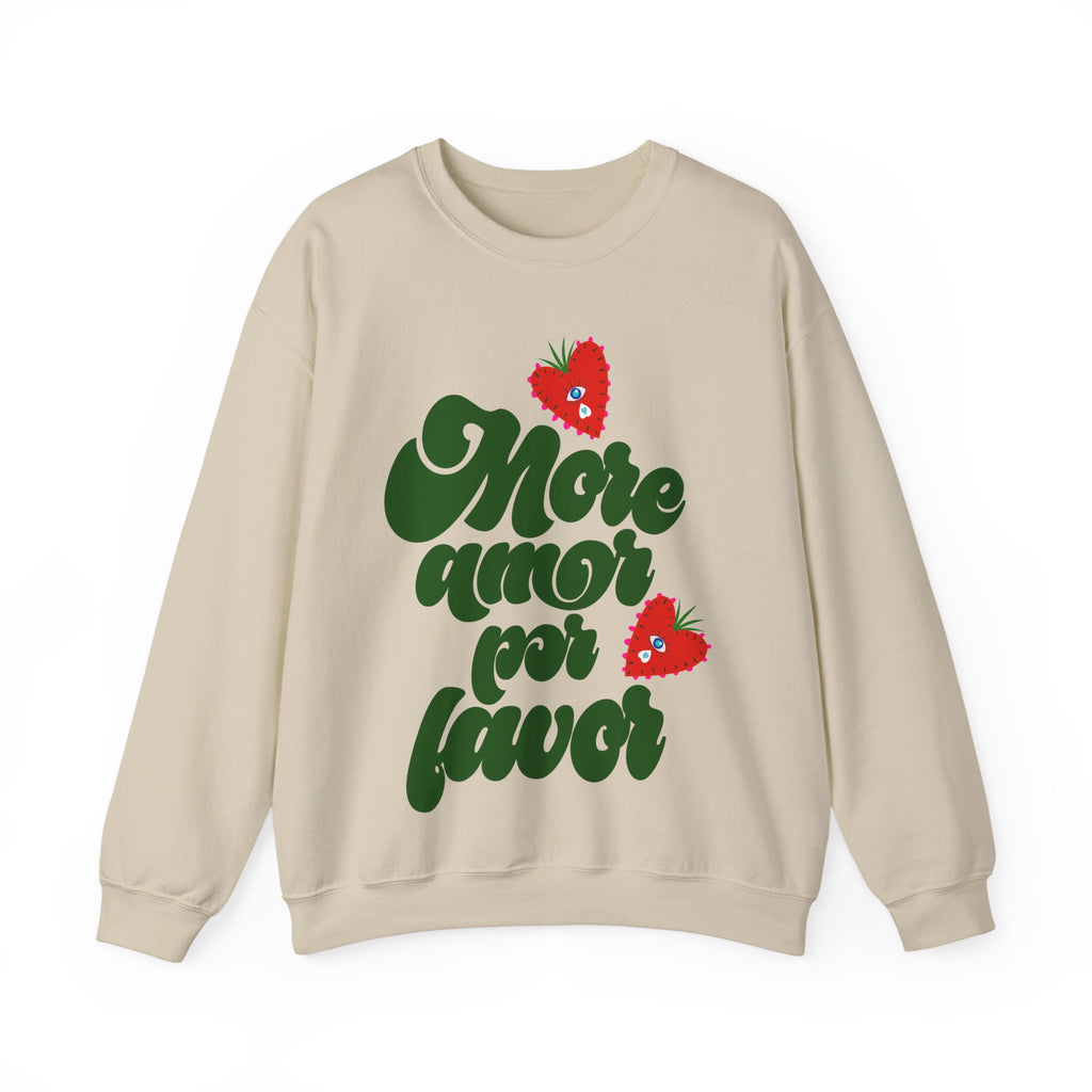 Crewneck Sweatshirt — "More Amor Por Favor" Retro Script with Heart Strawberries