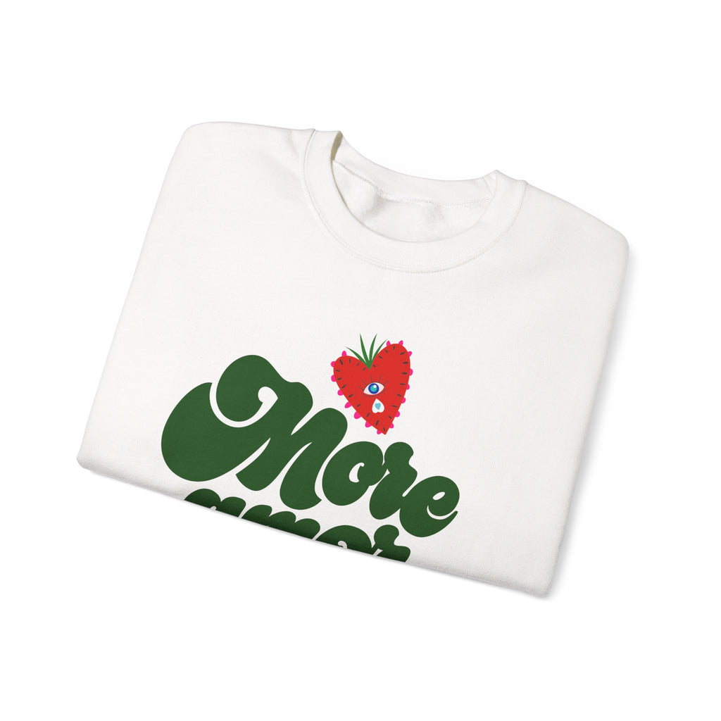Crewneck Sweatshirt — "More Amor Por Favor" Retro Script with Heart Strawberries
