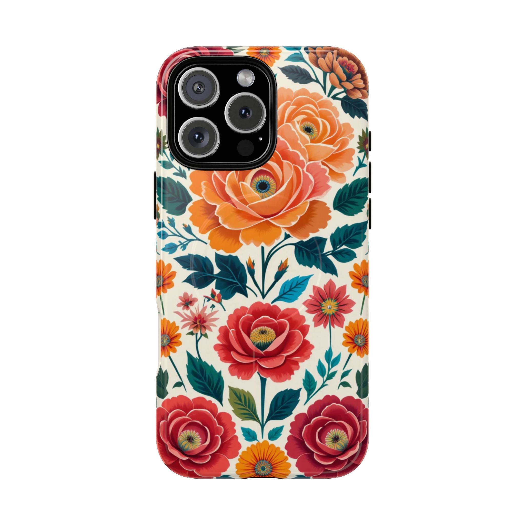 Floral Rose Tough Magnetic Phone Case — Vintage Orange & Red Garden Design