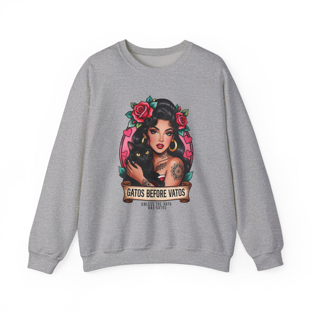 Crewneck Sweatshirt — "Gatos Before Vatos" Chicana Pinup Graphic