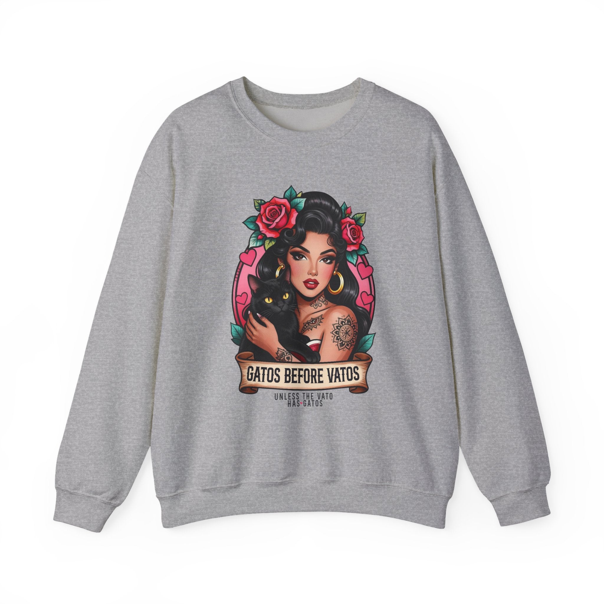 Crewneck Sweatshirt — "Gatos Before Vatos" Chicana Pinup Graphic