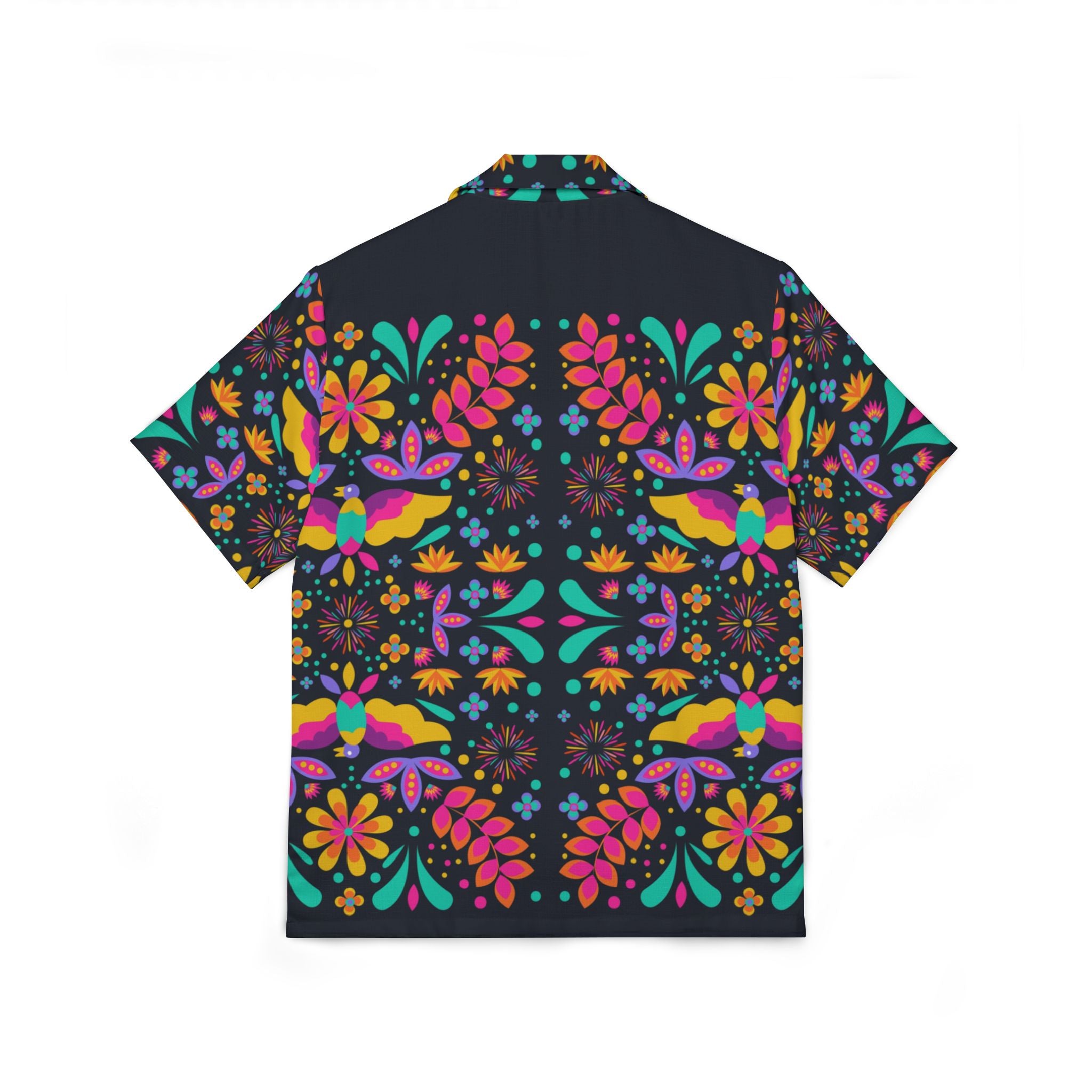 Men's Floral Tropical Hawaiian Camp Shirt - Bright Neon Flower & Bird AOP