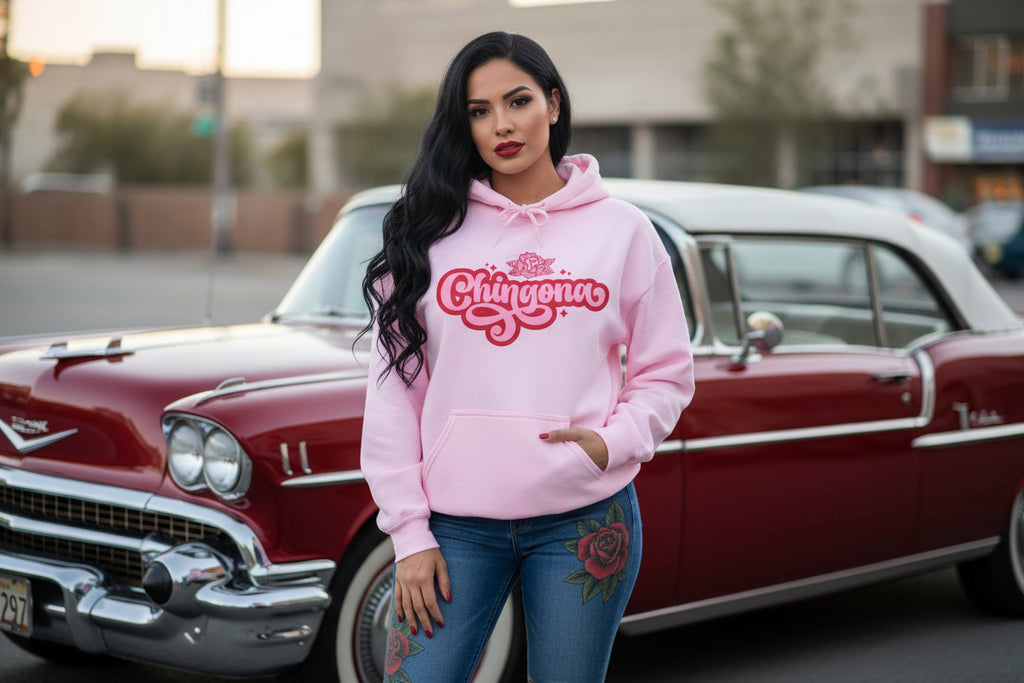 Chingona Rose Script Hoodie — Empowering Latina Lettering Pullover