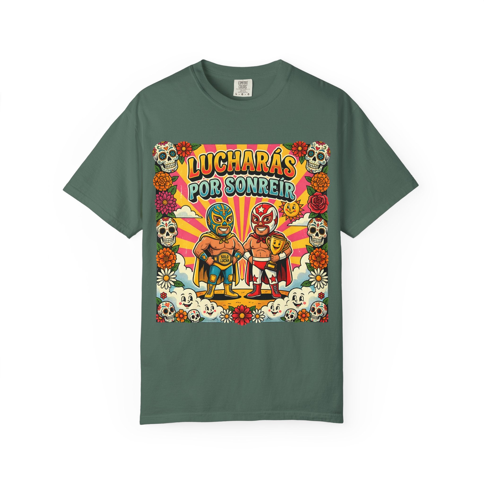 Luchadores Día de los Muertos T-Shirt — "Lucharás Por Sonreír" Retro Mexican Wrestling Tee