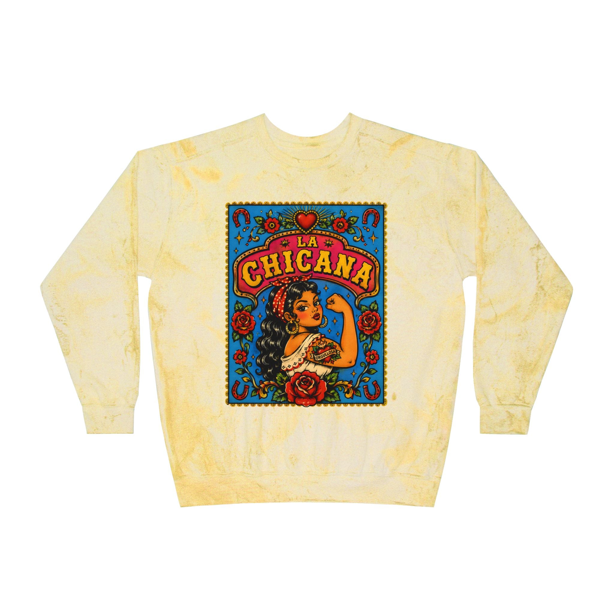 La Chicana Color Blast crewneck ocean - vintage tie-dye Latina chicana pullover sweatshirt