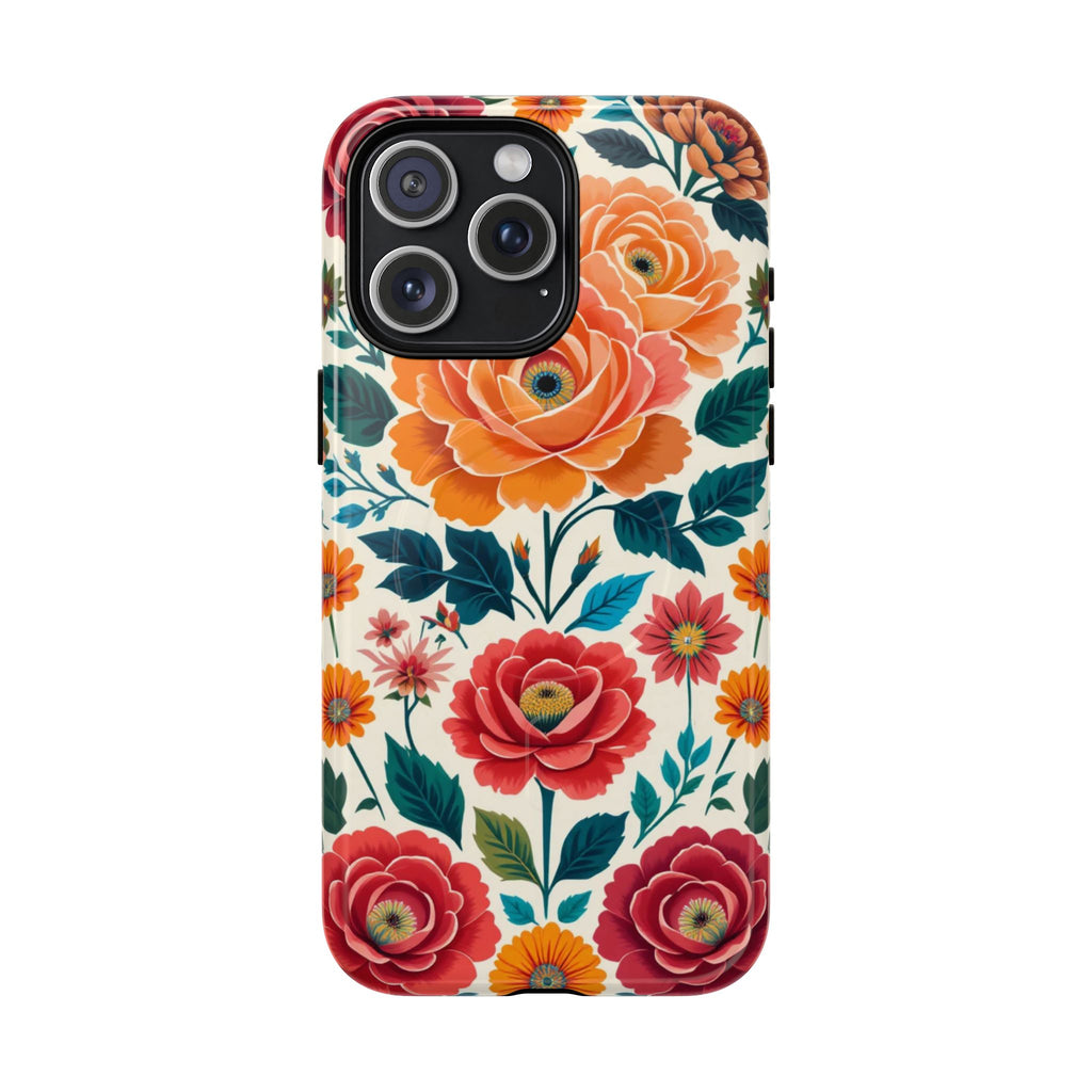 Floral Rose Tough Magnetic Phone Case — Vintage Orange & Red Garden Design