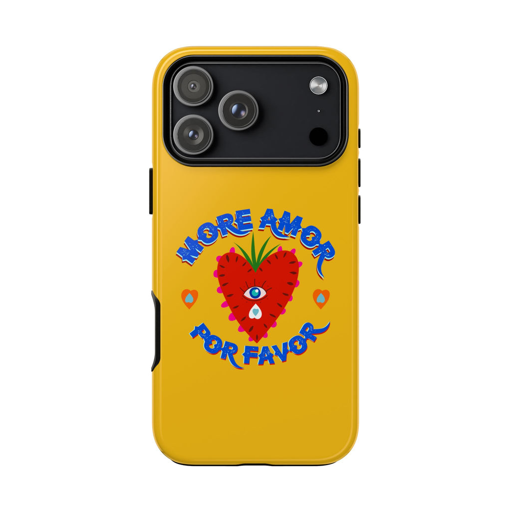 Phone Case — "More Amor Por Favor" Heart Design, Bright Yellow Protective Cover