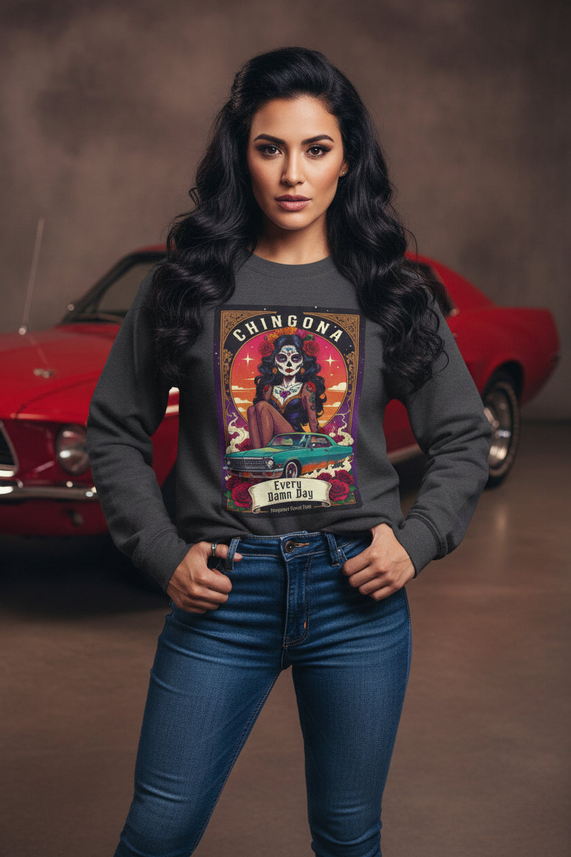 Sweatshirt — "Chingona" Sugar Skull Car Art Crewneck, Dia de los Muertos Retro Graphic
