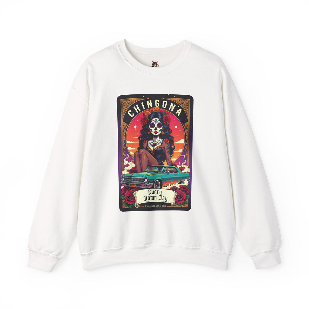Sweatshirt — "Chingona" Sugar Skull Car Art Crewneck, Dia de los Muertos Retro Graphic