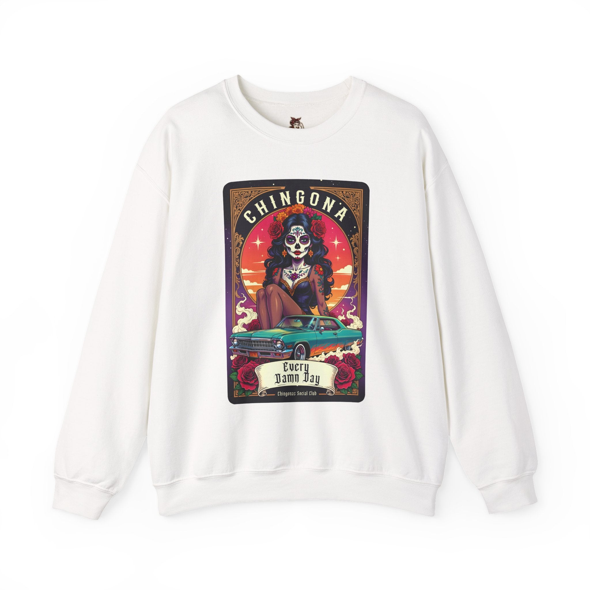 Sweatshirt — "Chingona" Sugar Skull Car Art Crewneck, Dia de los Muertos Retro Graphic