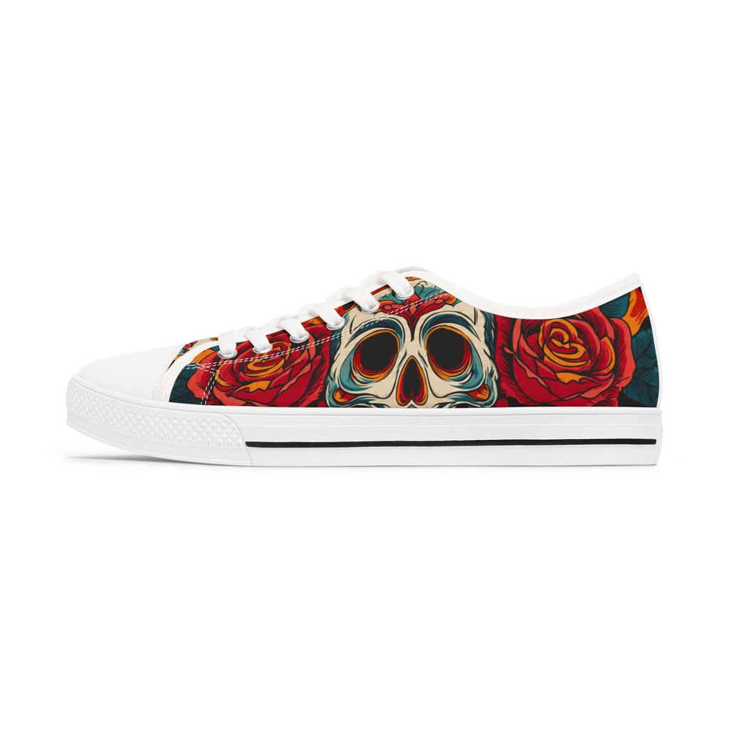 Skull & Rose Low Top Sneakers — Women's Gothic Floral Canvas Shoes
