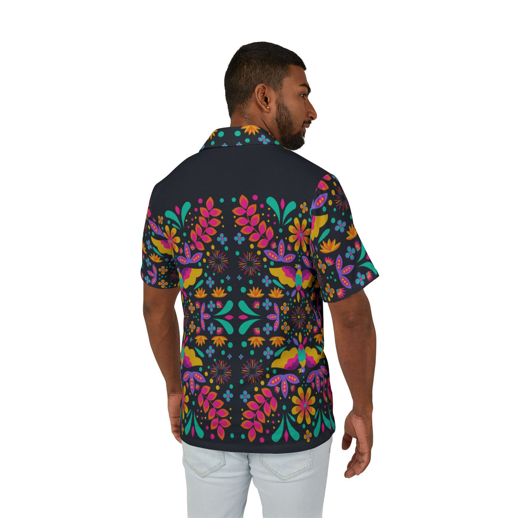 Men's Floral Tropical Hawaiian Camp Shirt - Bright Neon Flower & Bird AOP