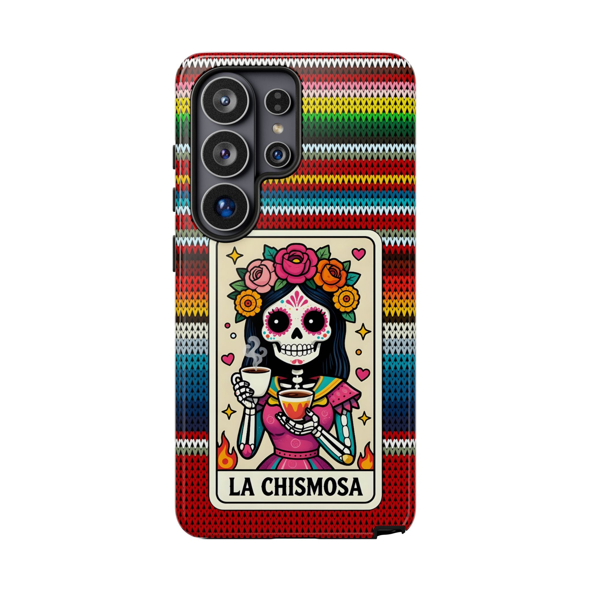 La Chismosa Sugar Skull Phone Case — Colorful Serape Pattern, Day of the Dead Style