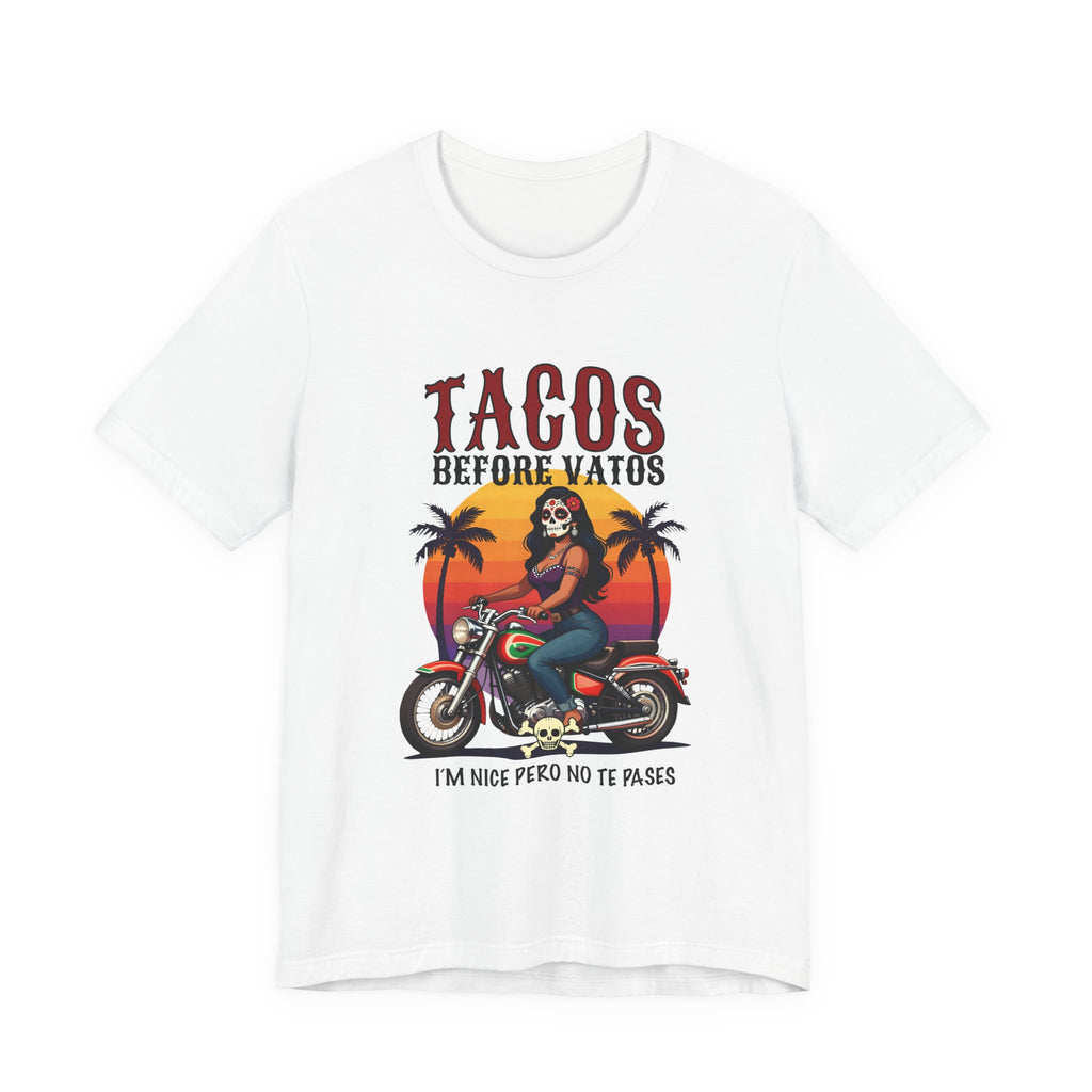 Taco Lover Tee — “Tacos Before Vatos” Motorcycle Sunset Graphic Shirt