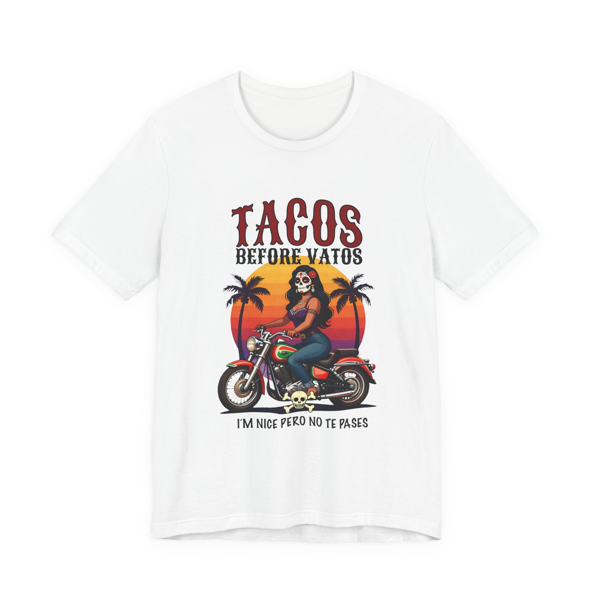 Taco Lover Tee — “Tacos Before Vatos” Motorcycle Sunset Graphic Shirt