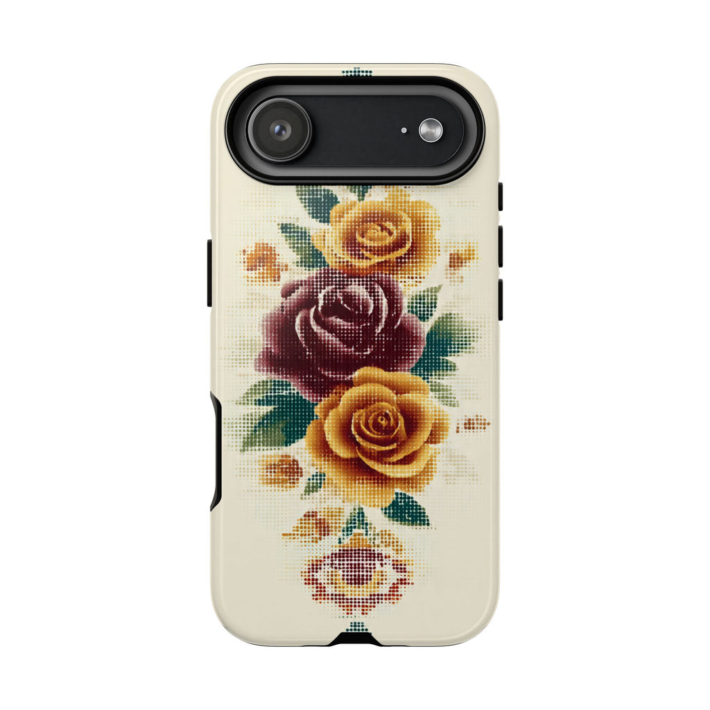 Floral Cross-Stitch Phone Case – Vintage Rose Protective Cover