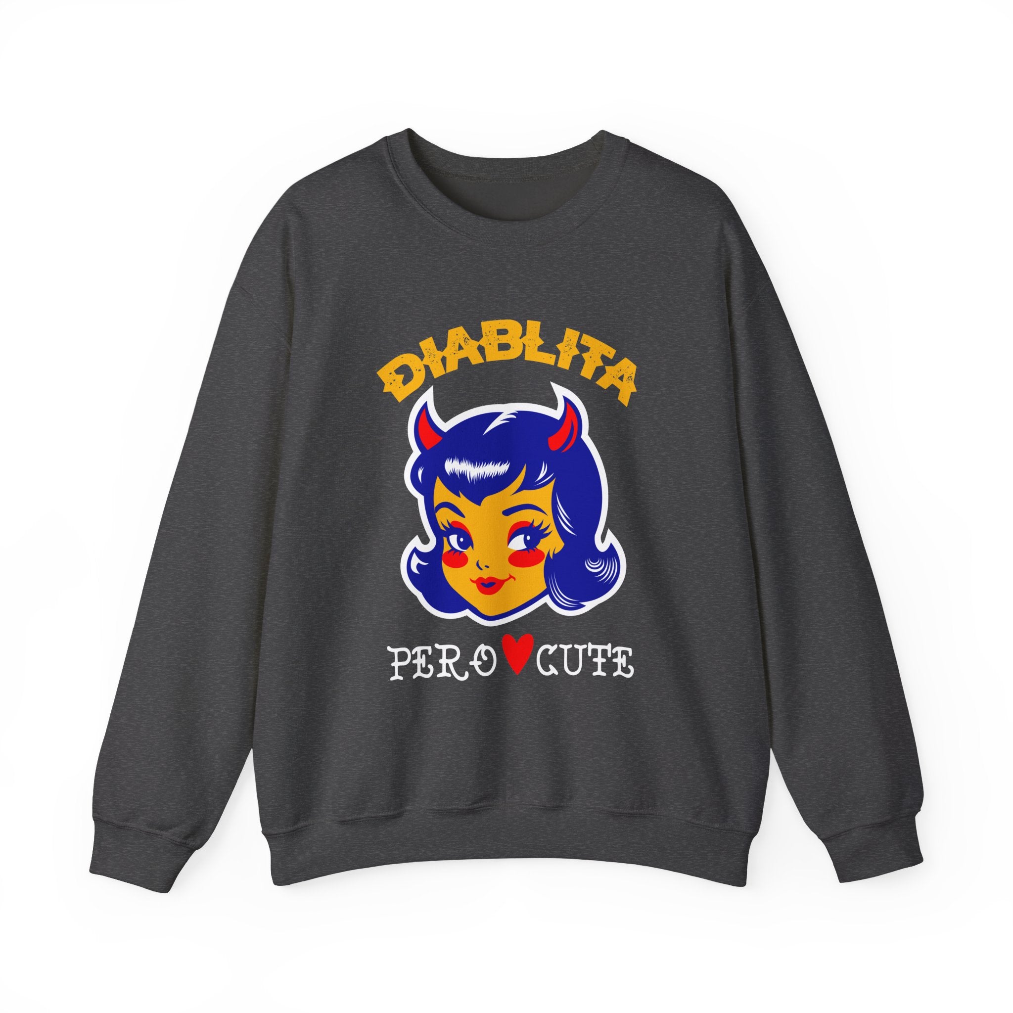 Crewneck Sweatshirt — “Diablita Pero Cute” Retro Devil Girl Graphic