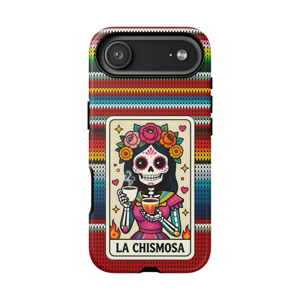 La Chismosa Sugar Skull Phone Case — Colorful Serape Pattern, Day of the Dead Style