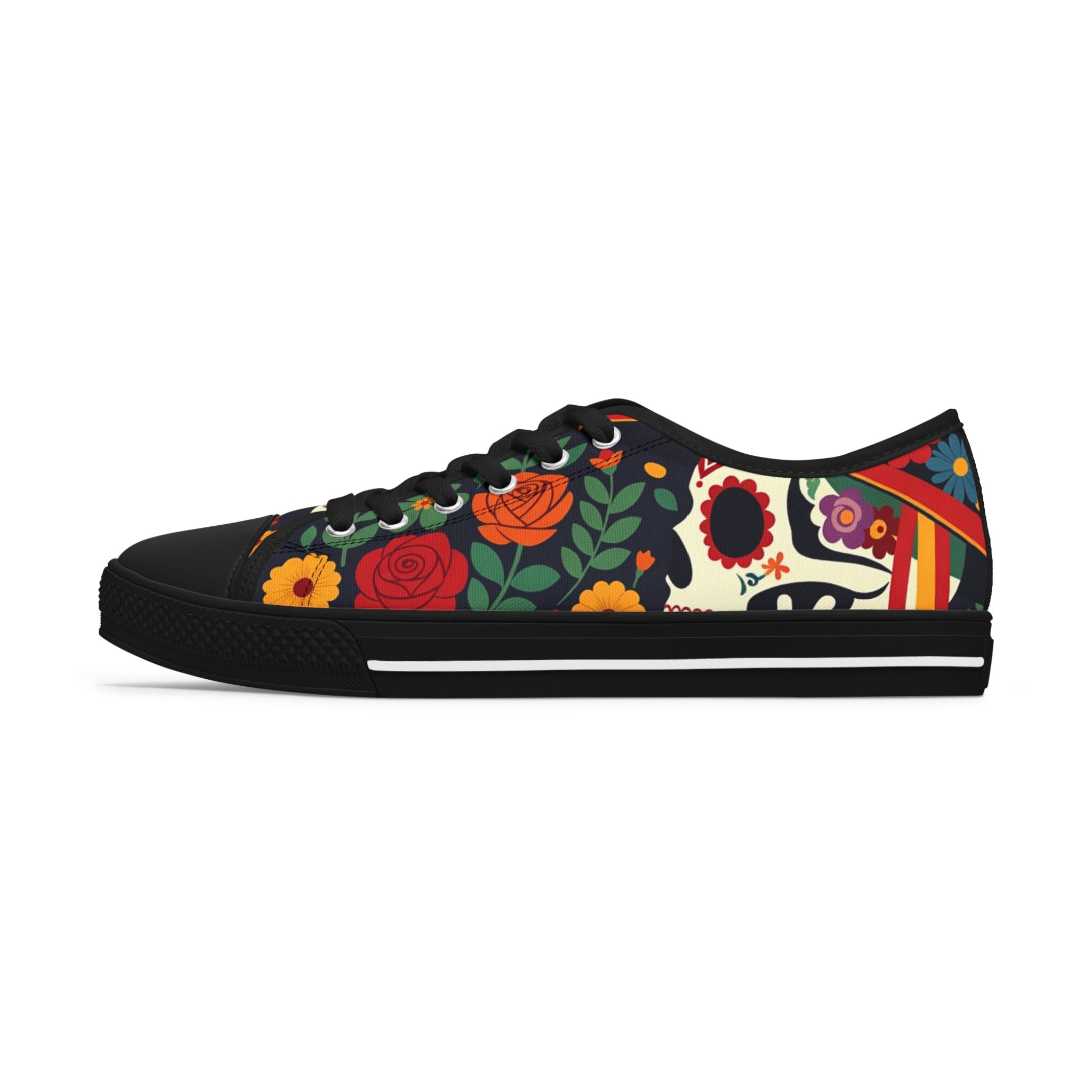 Women's Low Top Sneakers — Colorful Day of the Dead Floral Skull Design