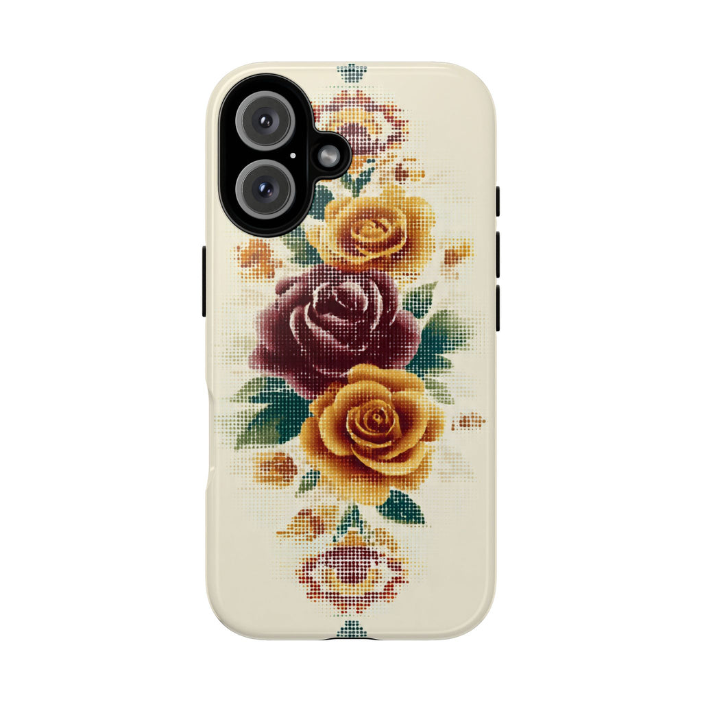 Floral Cross-Stitch Phone Case – Vintage Rose Protective Cover