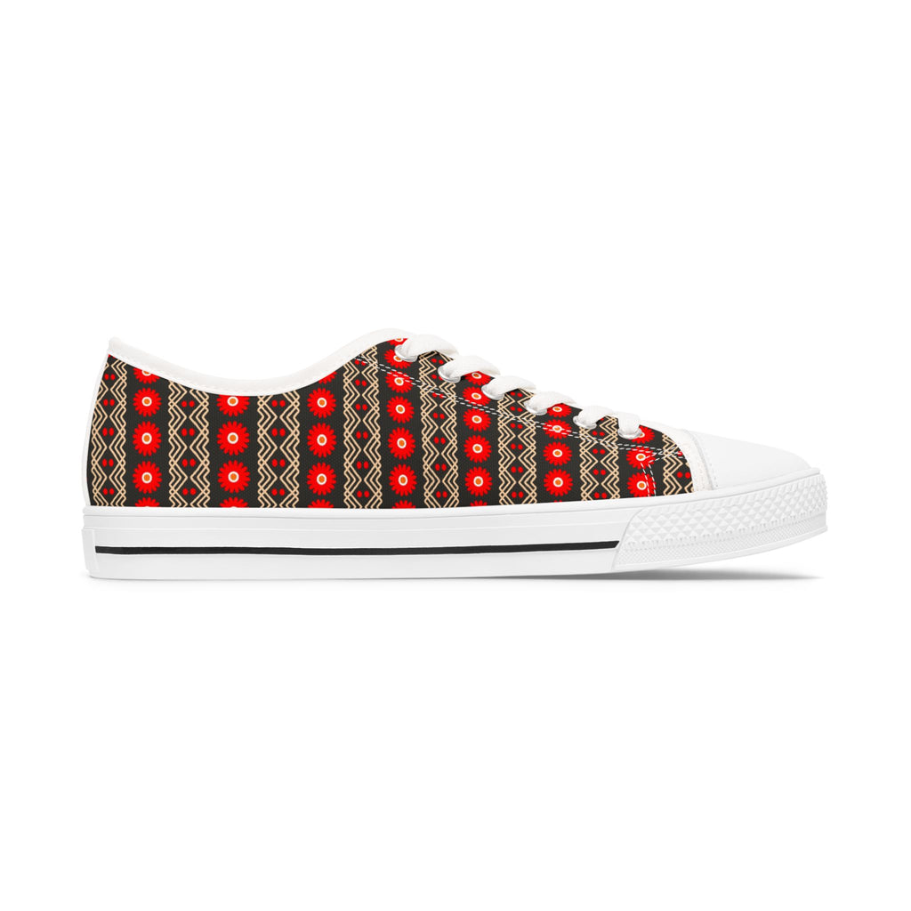 Low Top Sneakers — Red Geometric Pattern Casual Women's Canvas Shoes
