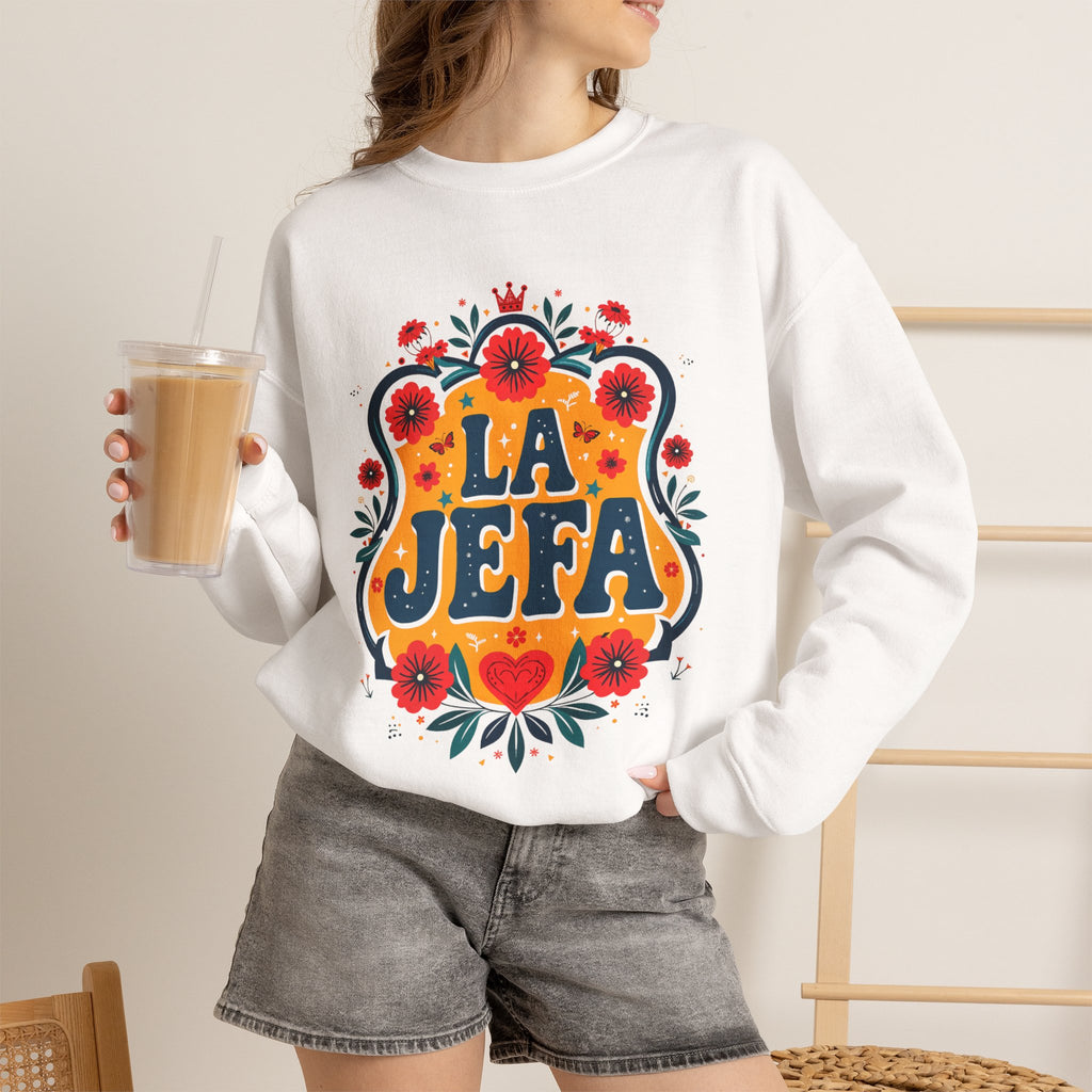 La Jefa floral crewneck lifestyle 1 - bold chicana boss folk art pullover sweatshirt