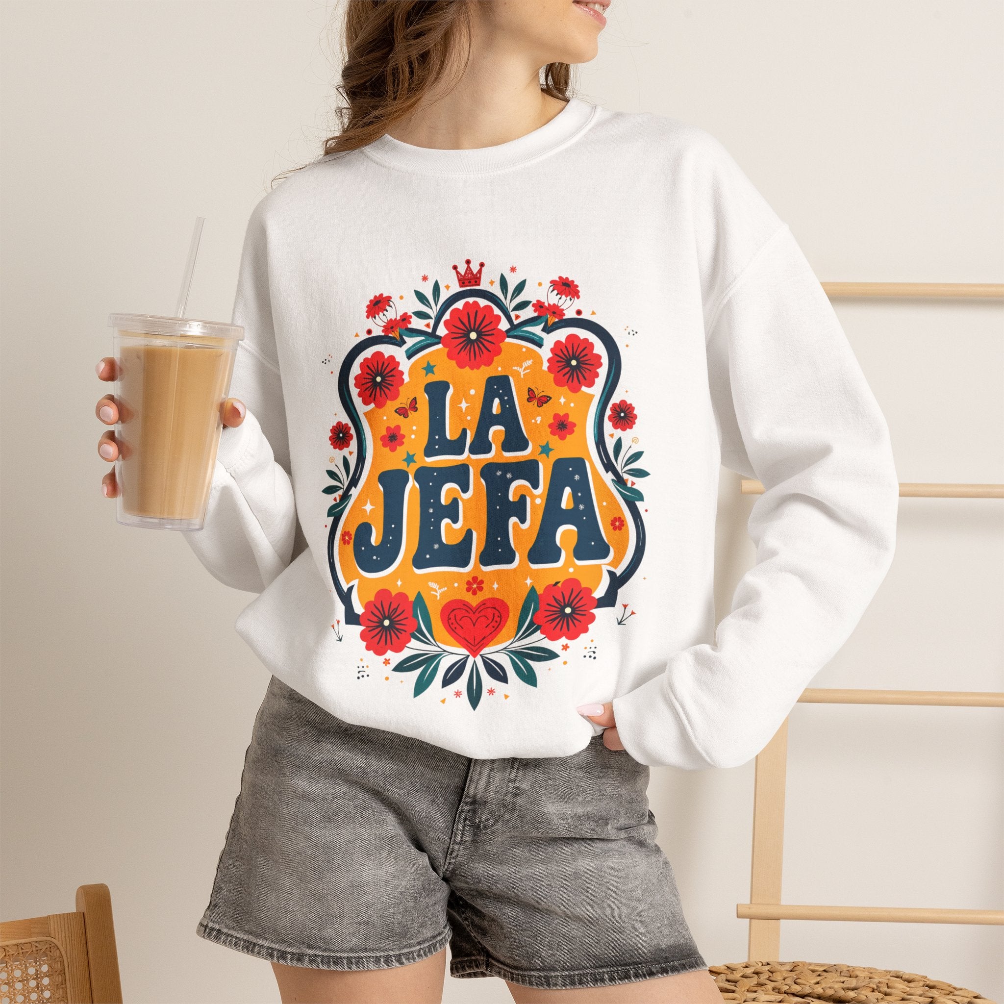 La Jefa floral crewneck lifestyle 1 - bold chicana boss folk art pullover sweatshirt