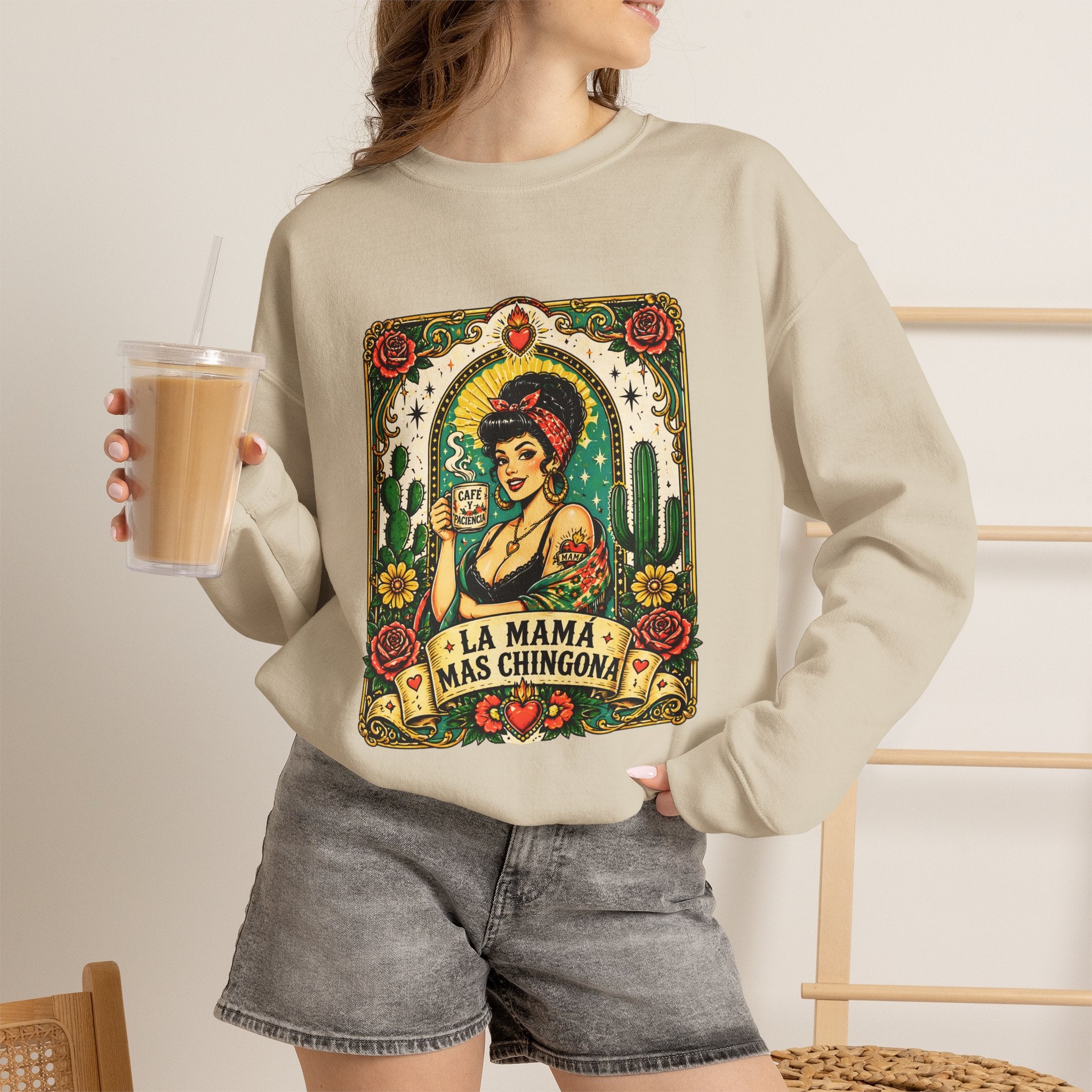 La Mama Mas Chingon Crewneck Sweatshirt — Vintage Mexican Folk Art Graphic