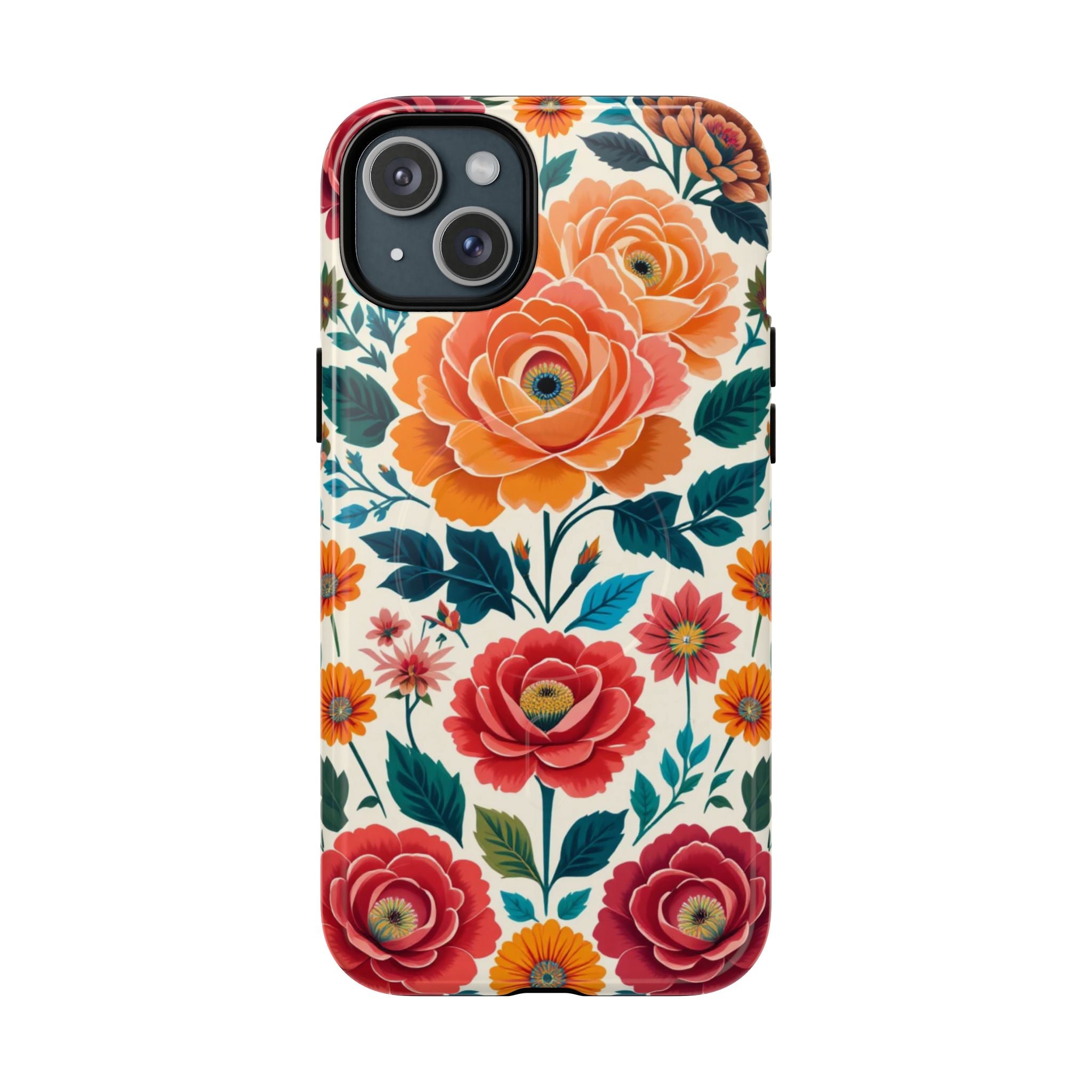 Floral Rose Tough Magnetic Phone Case — Vintage Orange & Red Garden Design