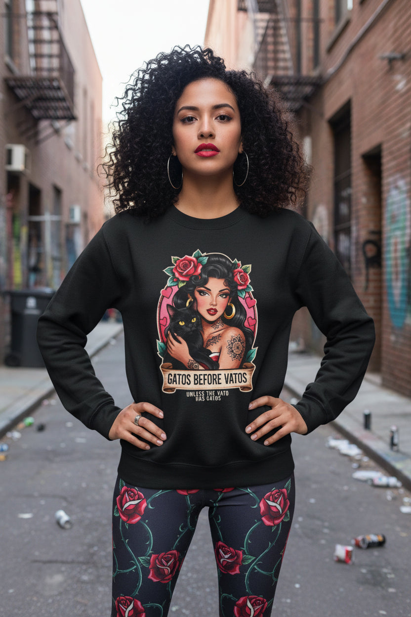 Crewneck Sweatshirt - "Gatos Before Vatos" Chicana Pin-Up Cat Lover Design