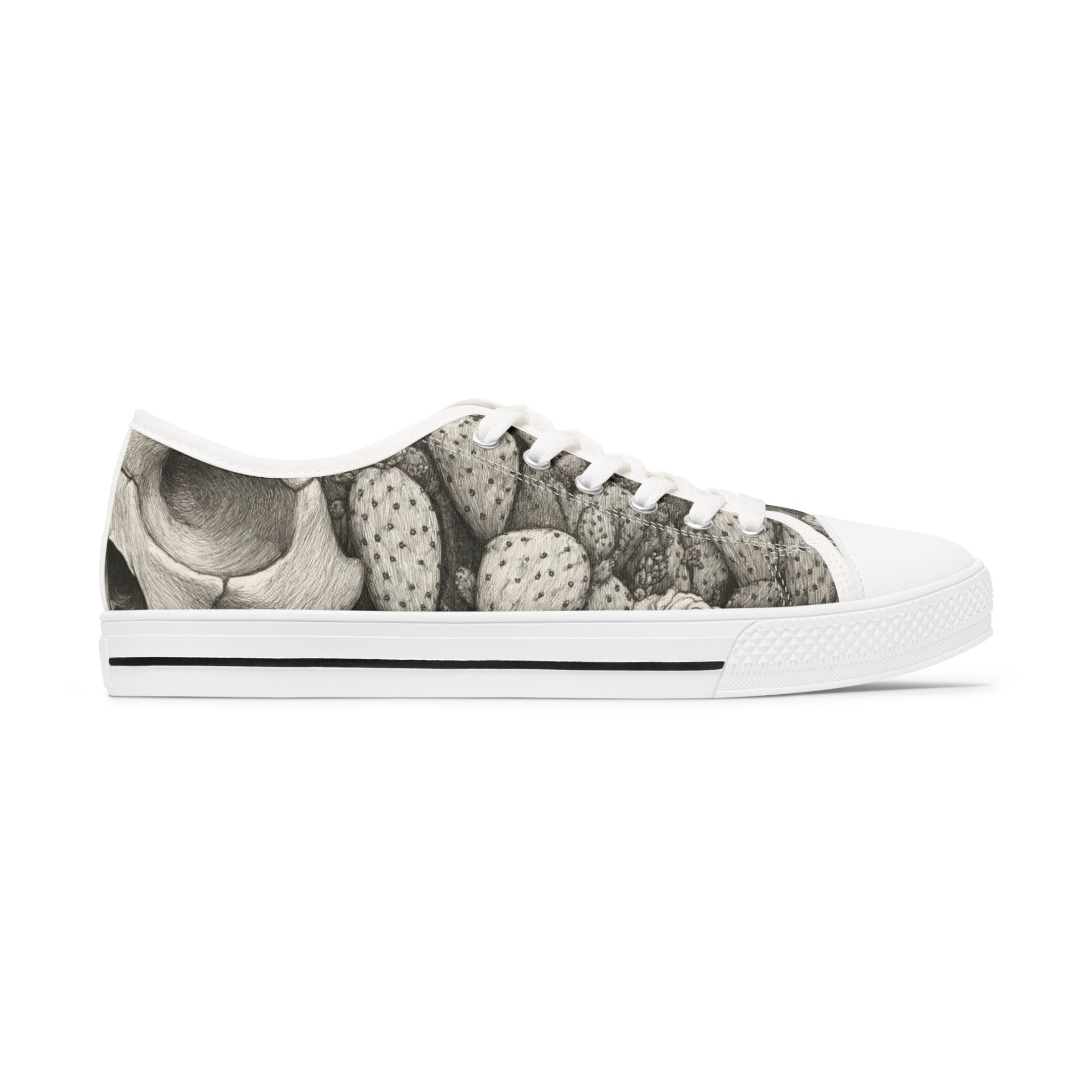 Low Top Sneakers — Monochrome Cactus Botanical Print Women's Sneakers