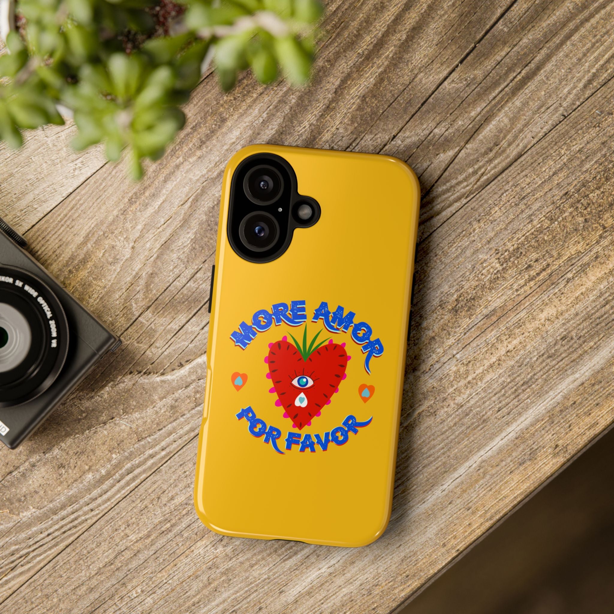 Phone Case — "More Amor Por Favor" Heart Design, Bright Yellow Protective Cover