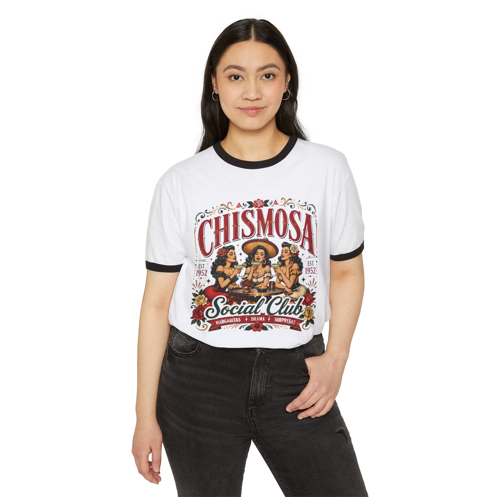 Chismosa Social Club Ringer Tee — Vintage Latina Gossip Graphic T-Shirt
