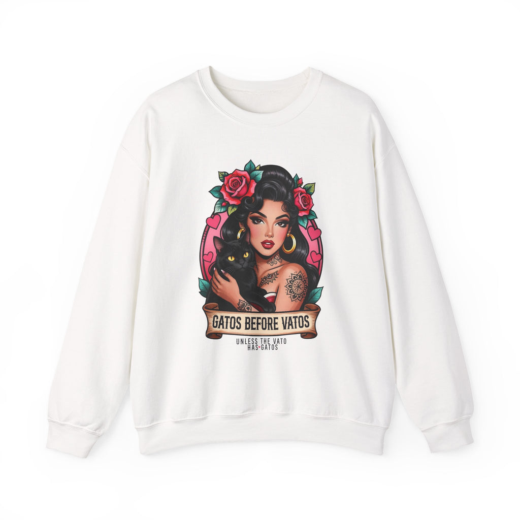 Crewneck Sweatshirt — "Gatos Before Vatos" Chicana Pinup Graphic