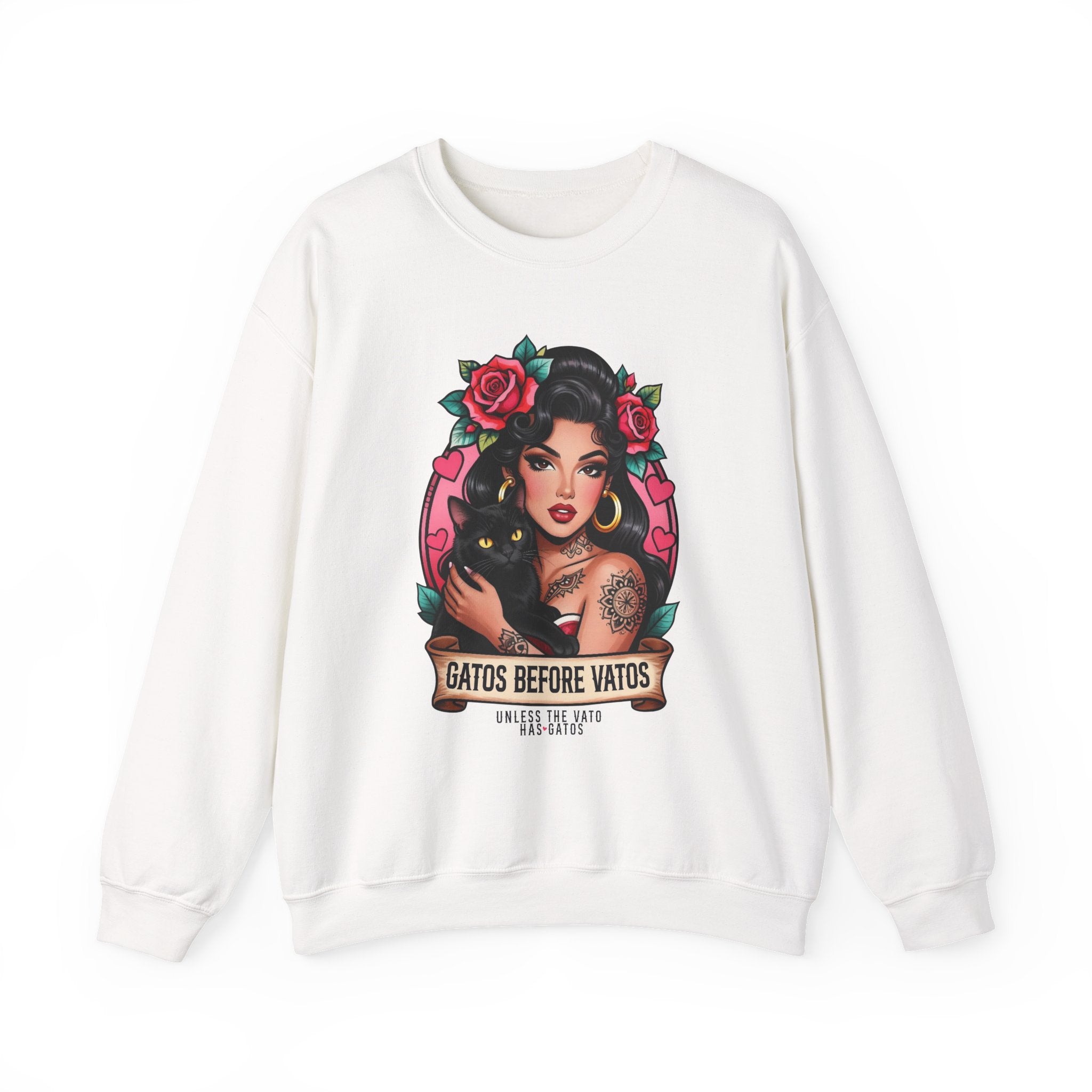 Crewneck Sweatshirt — "Gatos Before Vatos" Chicana Pinup Graphic