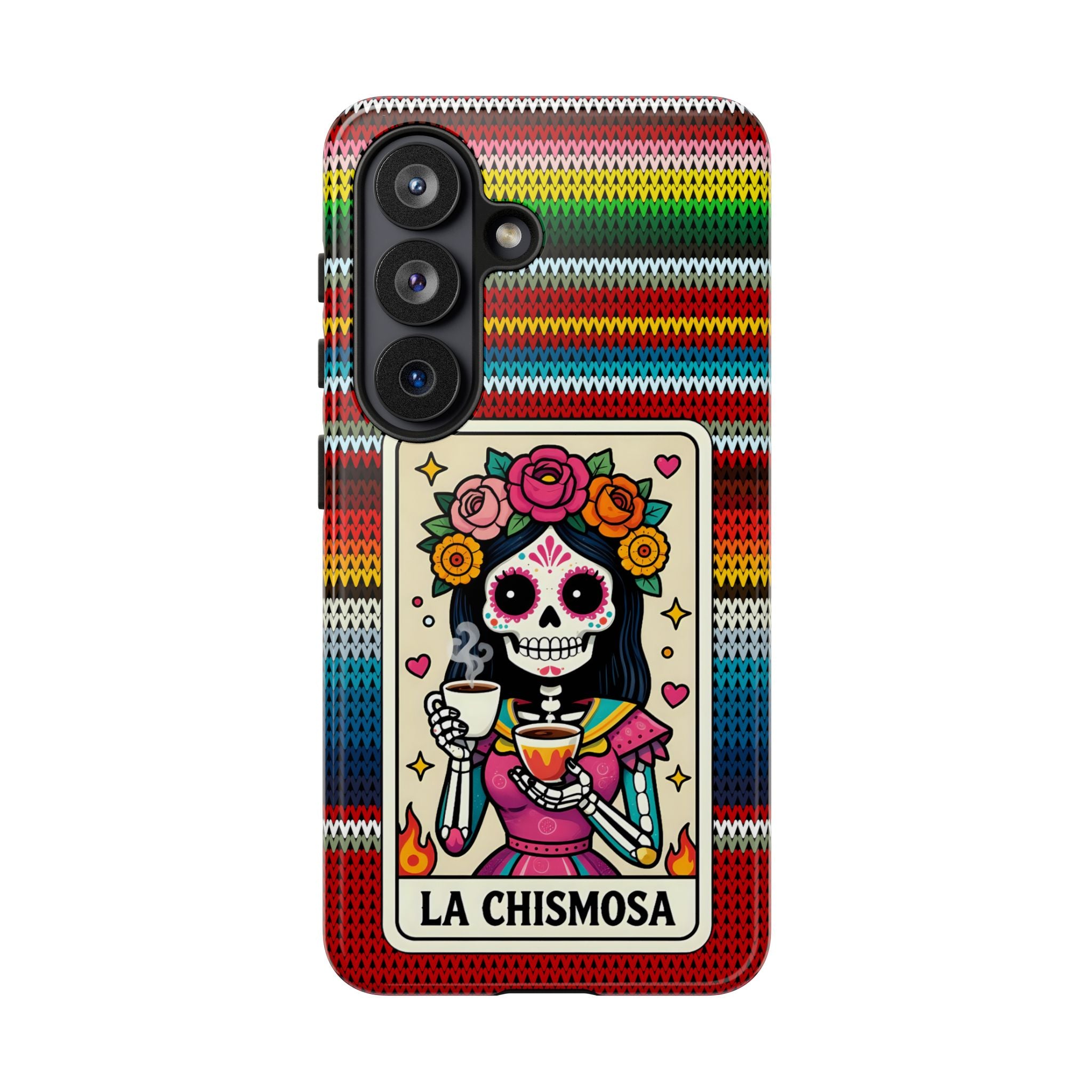 La Chismosa Sugar Skull Phone Case — Colorful Serape Pattern, Day of the Dead Style