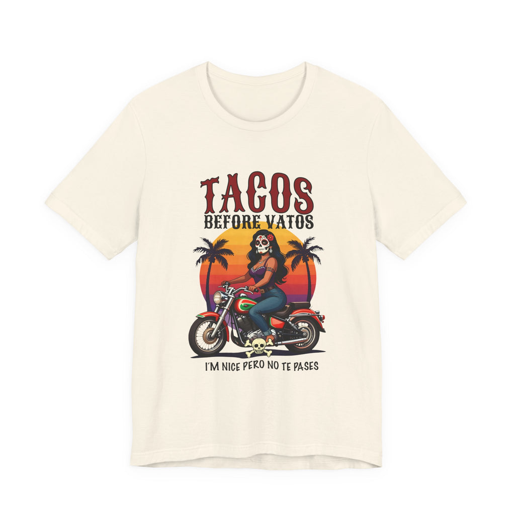 Taco Lover Tee — “Tacos Before Vatos” Motorcycle Sunset Graphic Shirt