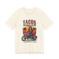Taco Lover Tee — “Tacos Before Vatos” Motorcycle Sunset Graphic Shirt