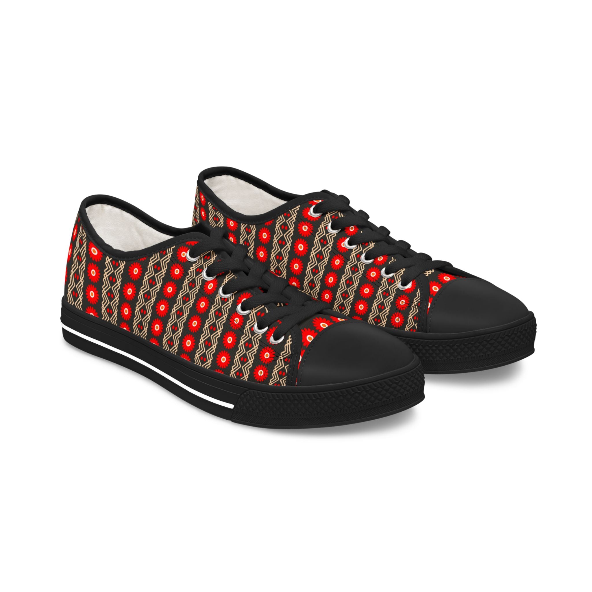 Low Top Sneakers — Red Geometric Pattern Casual Women's Canvas Shoes